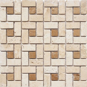 1" x 2" Noce/ Light Square Pattern Tumbled Travertine Mosaic Tile - MO1022